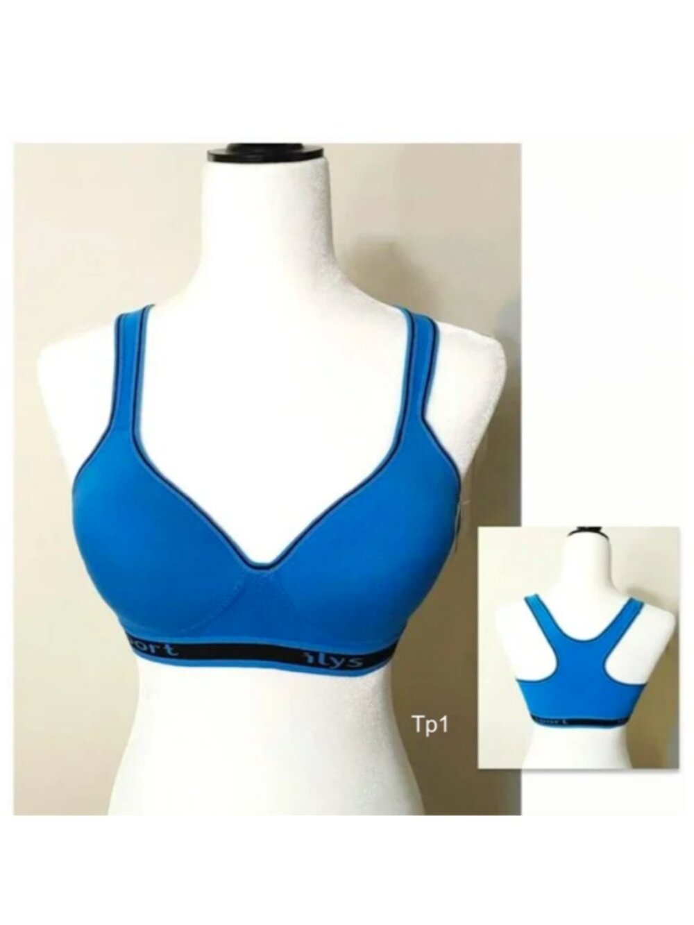 Lulola Sports Bra Blue Black Trim Elastic Stretchy Racerback 38C/85C (M-L)